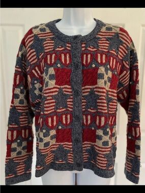 Design Options Patriotic Star & Stripe Knit Cardigan - Red, Navy, Cream  M EUG
